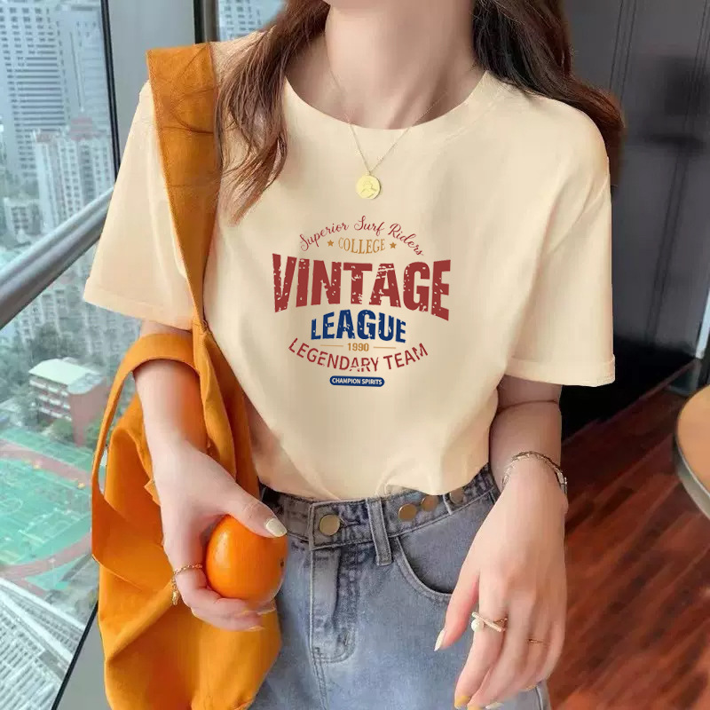 Apricot Right Shoulder Short-Sleeved T-Shirt for Women 2025 Summer New Fashion Round Neck Loose Slimming Look Top for Small People