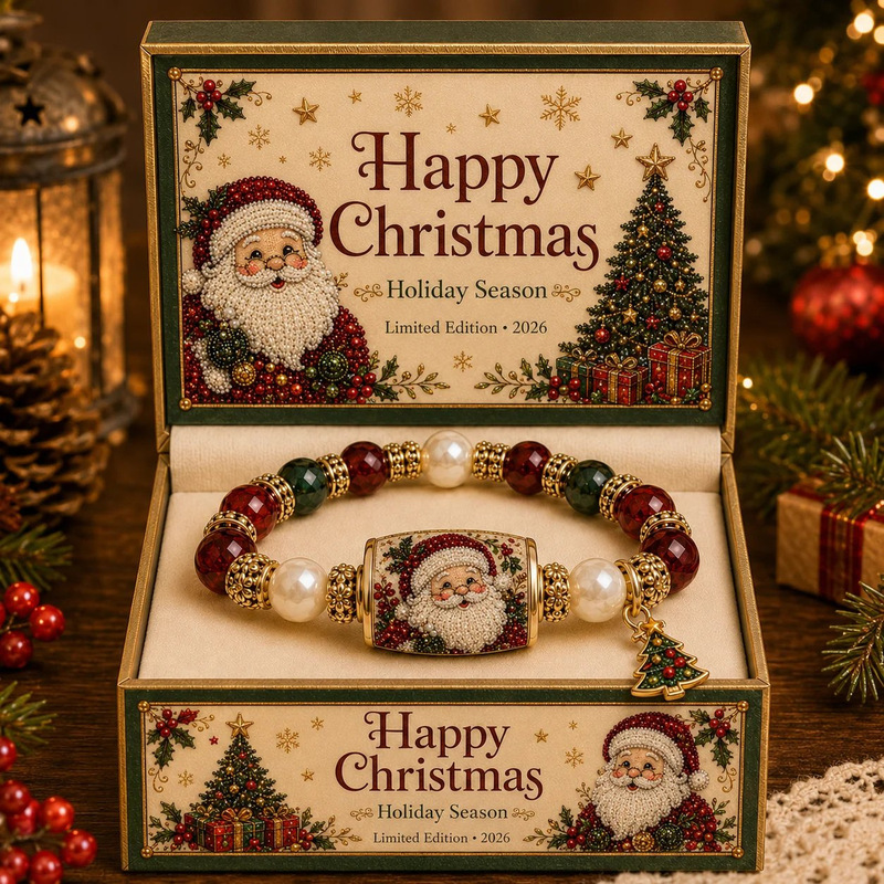 Santa Claus Bracelet with Crystal Pearls, Santa Claus Round Tube Pine Tree Pendant Bracelet, Christmas Pine Tree Bracelet Santa Claus Bracelet with Crystal Pearls, Santa Claus Round Tube Pine Tree Pendant Bracelet, Christmas Pine Tree Bracelet