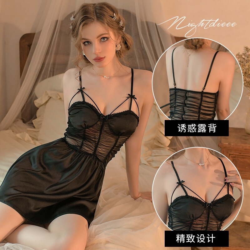 In-Stock Red French-Style Sexy Nightgown for Women, Ice Silk Mesh See-Through Lingerie, Pure Desire Nightdress