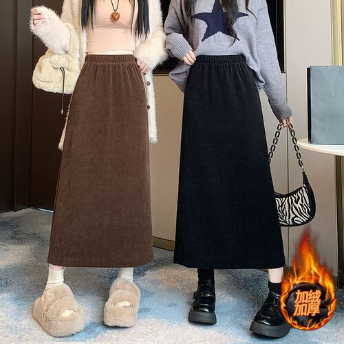 Corduroy autumn and winter velvet skirt for women's mid-long new high-waist slimming one-step dress temperament hip skirt