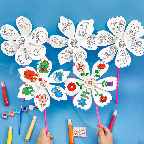 Primary school students cartoon blank painting windmill children's creative graffiti hand-painted small gift puzzle DIY paper windmill