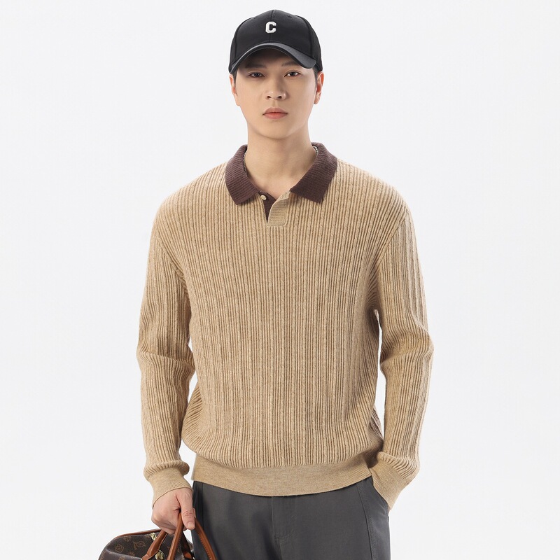 Old Money style, color-blocked, collared, long-sleeved knit sweater for men, Japanese retro style, suitable for spring and autumn, versatile and casual Old Money style, color-blocked, collared, long-sleeved knit sweater for men, Japanese retro style, suitable for spring and autumn, versatile and casual
