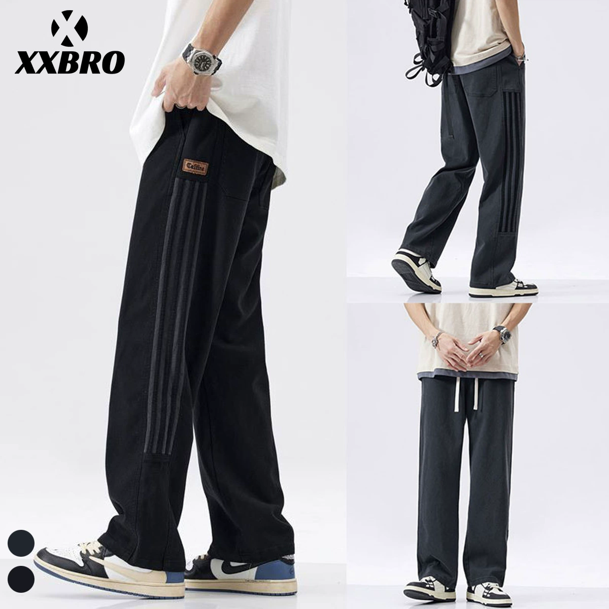 Мужская одежда xxbro # Брюки повседневные с тремя полосками и вставками, свободные широкие брюки, спортивные универсальные брюки для студентов, ретро-патчворк.