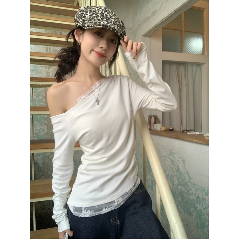 Off-shoulder White Lace Slant Shoulder T-shirt Women's Early Autumn Chic Sweet Spice Girl Slim-fit Short Off-shoulder Base Shirt Top