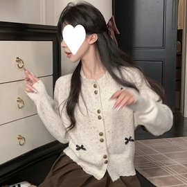 温柔风甜美蝴蝶结单排扣长袖毛衣针织衫女早秋高级感气质修身上衣