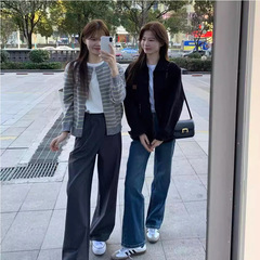 春秋新款圆领开衫女宽松韩版条纹显瘦薄短款百搭拼色上衣针织外套