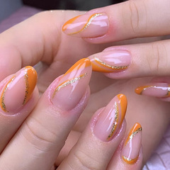 Almond pattern flash line orange yellow nail art French corner wear nail trendy hot girl fake nail wholesale nails