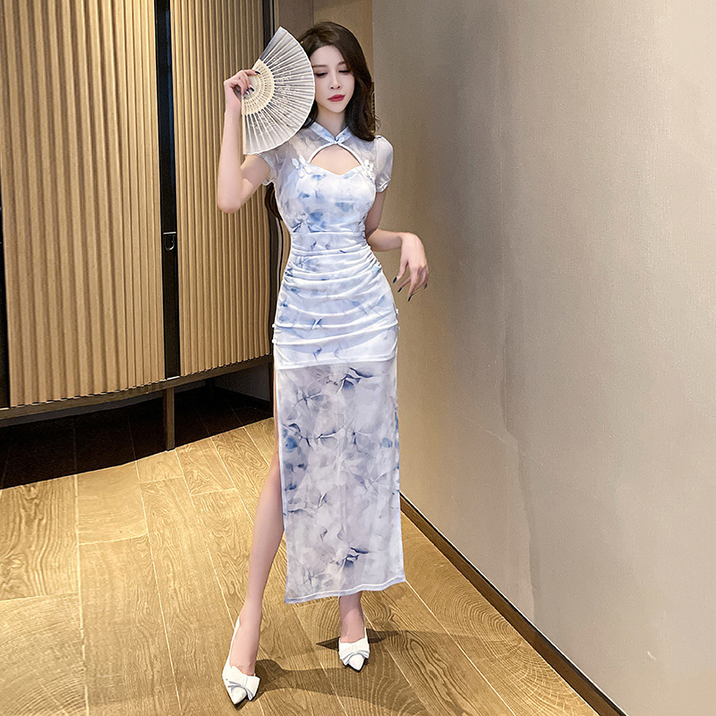 Retro Print Modified Sexy Slit Summer Dress New Style Socialite Slimming Mid-Length Dress Evening Dress V-Neck