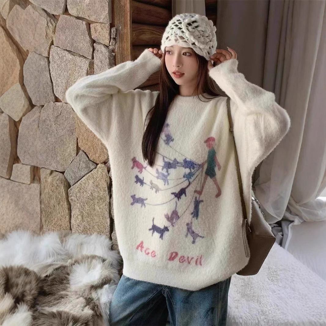 Søt minkpels-tegneseriemønster hundestrikket genser til dame, høstvinter, myk og lat løs genser_voghion.com