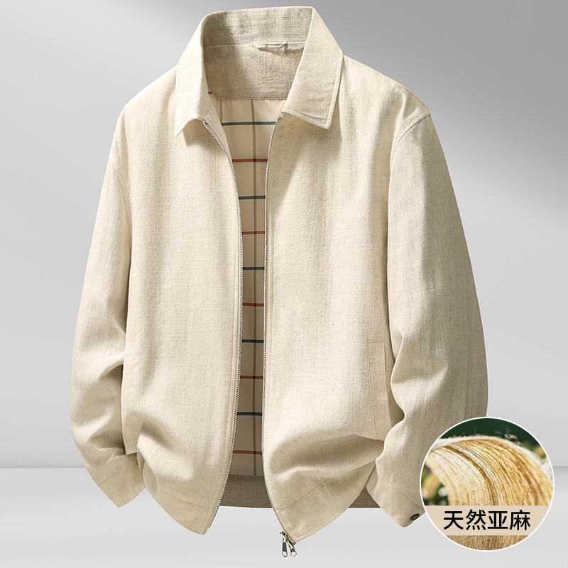 2025 Spring New Men's Linen Jacket with Turn-Down Collar, Casual Coat, Light Luxury Versatile Solid Color Trendy Top