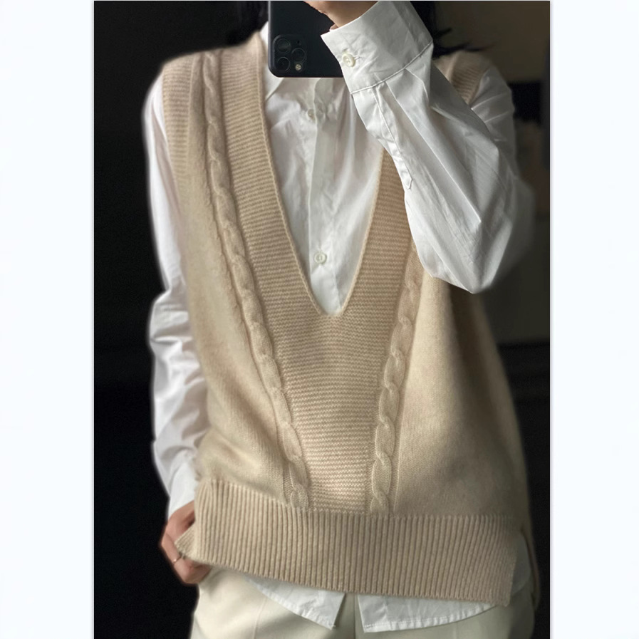 Otoño de las nuevas mujeres con cuello en v chaleco suelto más tamaño suéter de punto estilo coreano lana peinada chaleco torcido