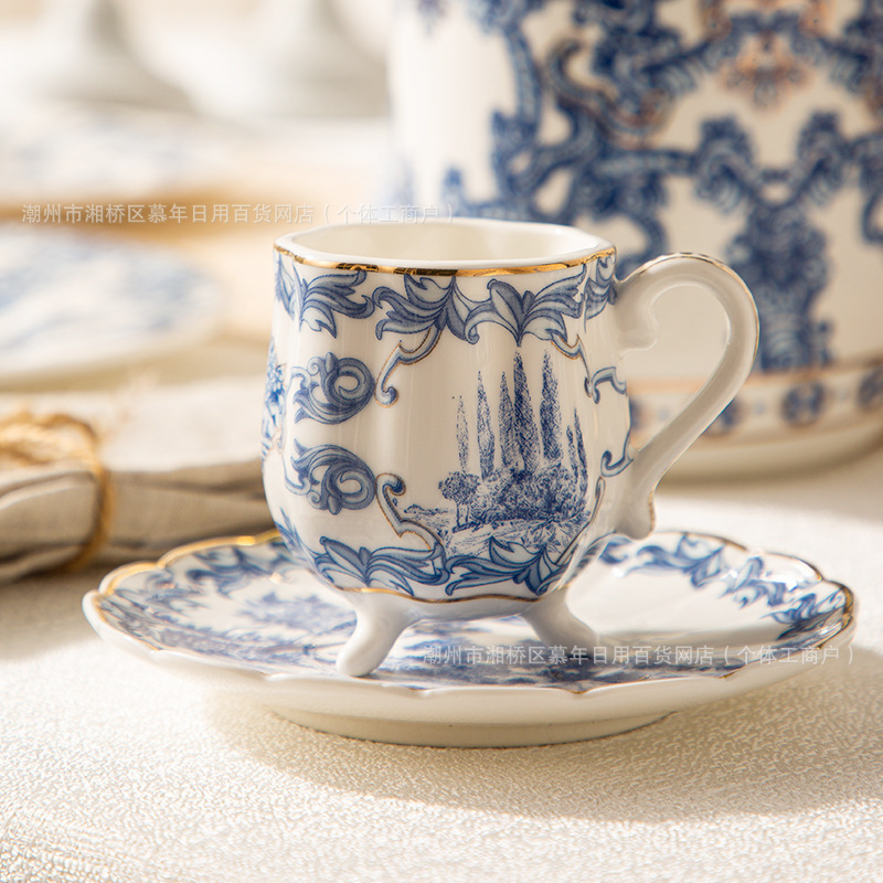 Turkish Style Blue and White Espresso Cup and Saucer Gift Gold-Rimmed Coffee Cup Suitable for Hotel Restaurant Ceramic Gift Box
