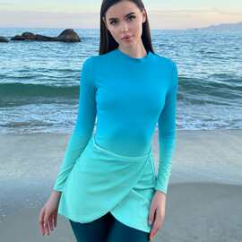 渐变色长袖防晒潜水服女三件套保守遮肉速干冲浪服水母衣厂家批发