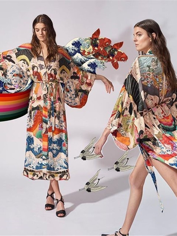 Blusa de playa kimono japonés impreso vacaciones cardigan bikini protección solar camisa transfronteriza Amazon 5D55