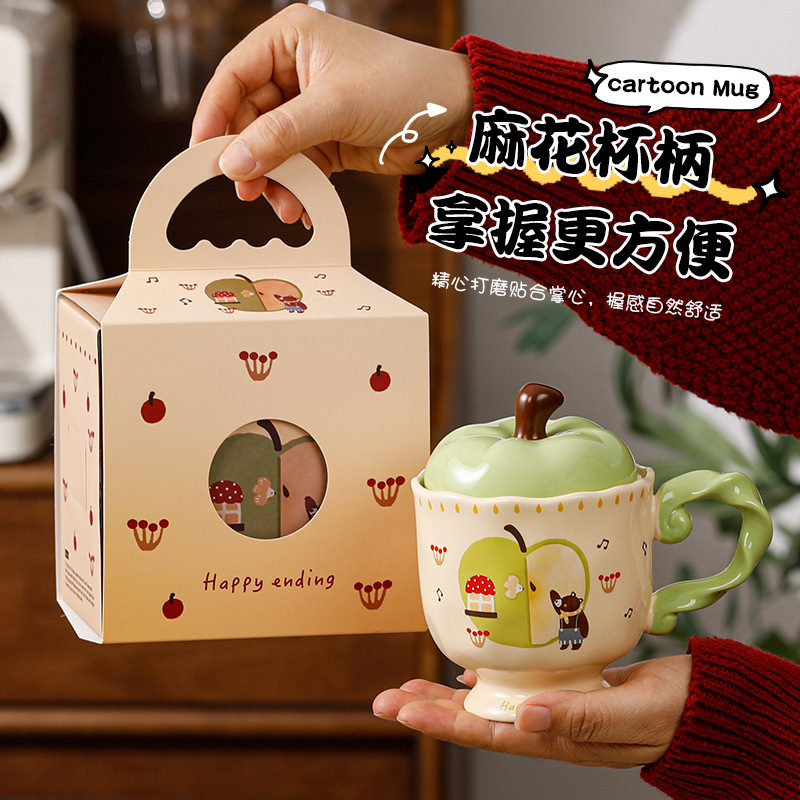 Hermosas tazas de manzana con tapa tazas de cerámica regalo de mano taza de agua de oficina taza de café de alto valor de Navidad