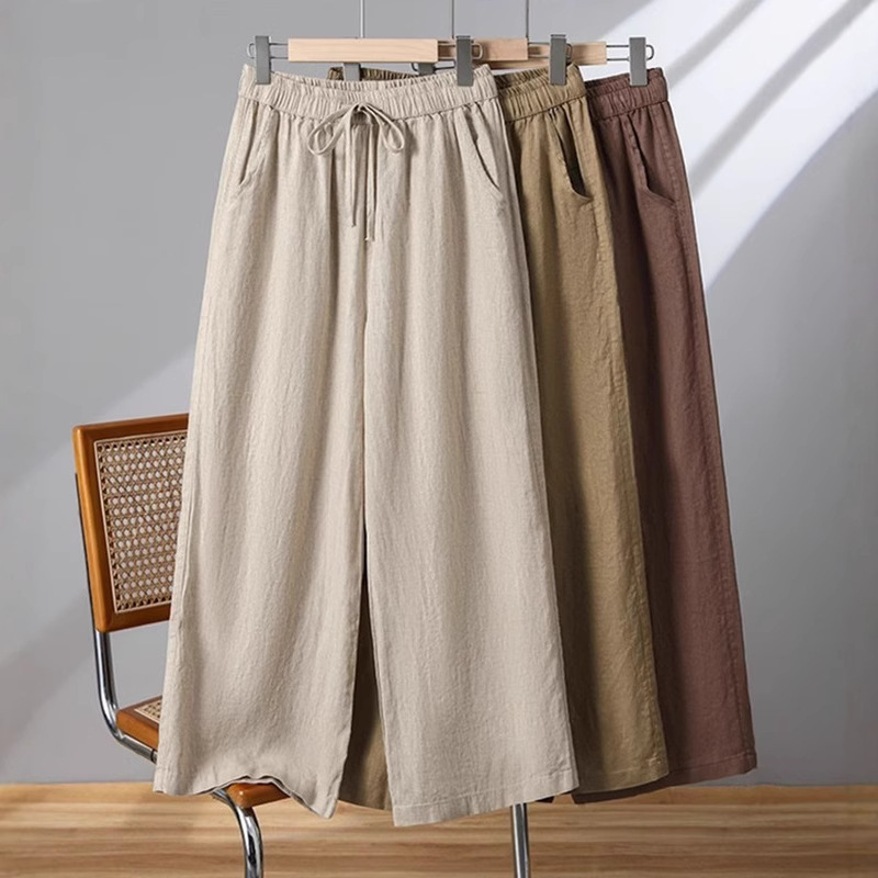 Cotton and Linen Wide-Leg Pants for Women, Spring, Autumn and Summer High-Waisted Large-Size Linen Nine-Point Pants, Drawstring Straight Thin Casual Pants