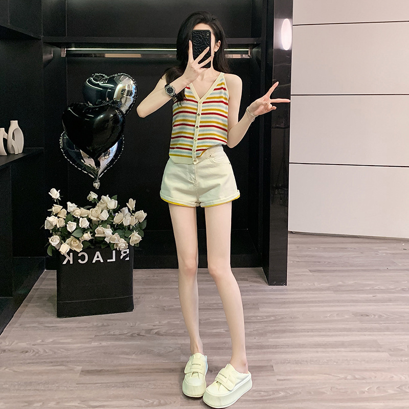Summer Wear a Set of Women's Striped Knitted Cardigan Sling Vest Women's Curled High Waist Denim Shorts Trendy