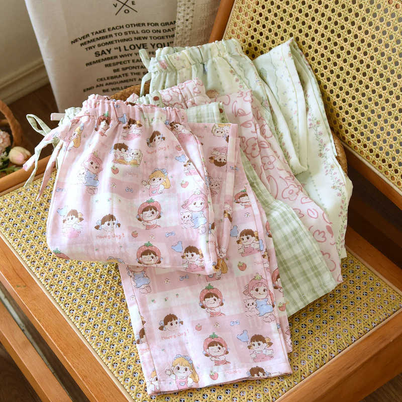 Pure Cotton Gauze Women's Pajama Pants Spring and Autumn Thin Straight Long Pants with Pockets Cartoon Cute Home Pants Can Be Worn Outside All Cotton