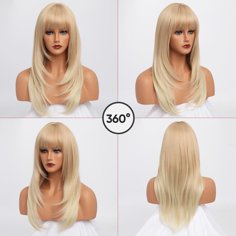 ヨーロッパとアメリカのクロスボーダーゴールデンロングヘアウィッグ女性のための前髪ストレートヘアレイヤードウィッグフルヘアスタイル化学繊維スポット卸売|undefined