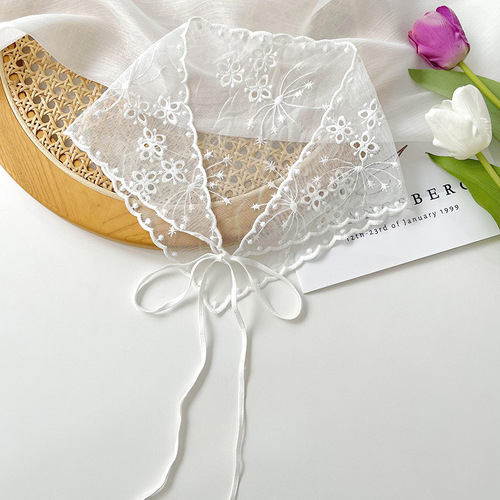 Solid color retro flower embroidered lace triangle scarf for women spring and summer fashion versatile sun protection outer shawl tie scarf