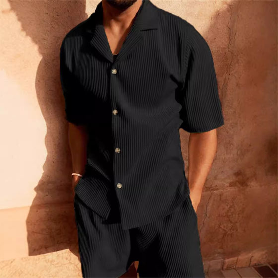 New corduroy casual lapel shorts suit sports men's solid color T-shirt shorts running training suit