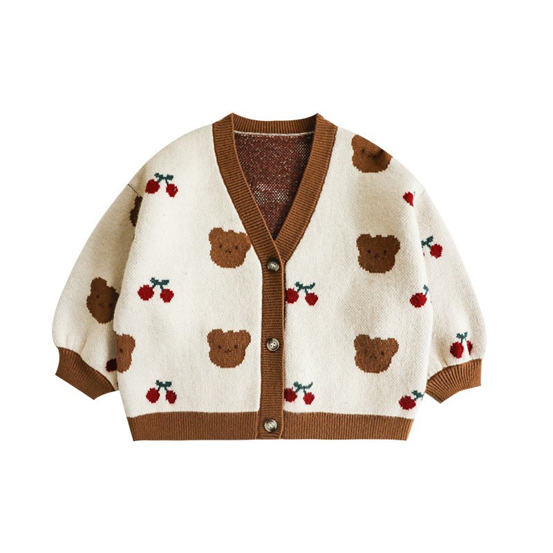 Wulibuyi niñas vintage cardigan de punto traje lindo oso cereza niños otoño suspender Pantalones