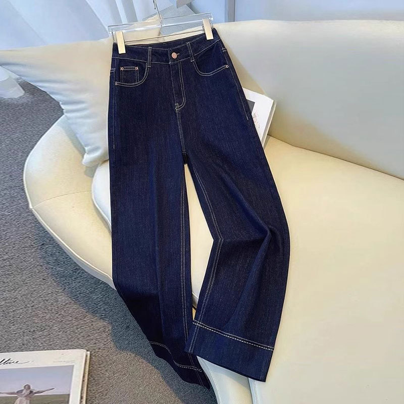 Plus Size Dark Blue Cropped Narrow Wide-Leg Jeans for Women, Spring/Summer 2025, Slimming Petite Straight Pants