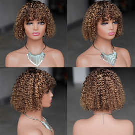 潺秀假发Bob Curly Human Hair Wig全机制曲发刘海真人发头套现货