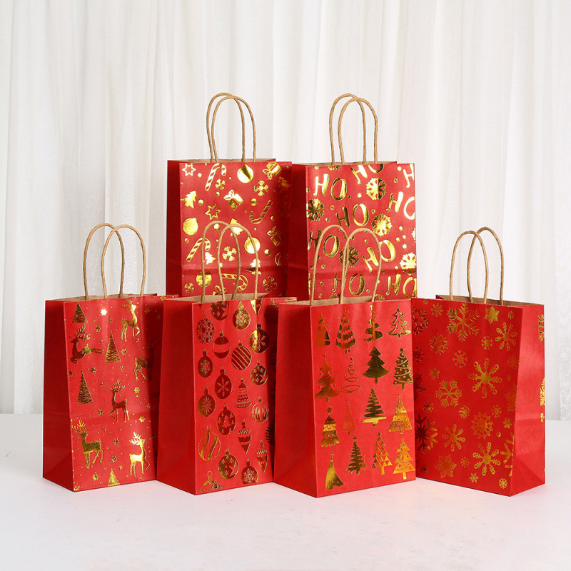 红底黄金圣诞节主题礼品包装袋烫金牛皮纸袋派对节日礼物手提袋