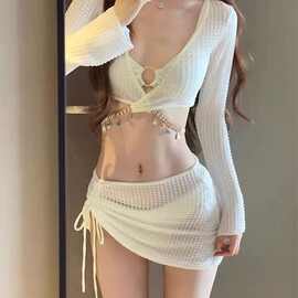 源头工厂纯色少女连体紧身显瘦长袖防晒24新款分体四件套温泉泳衣