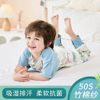 夏季竹棉婴儿分腿睡袋纱布抑菌防踢被儿童短袖竹纤维宝宝睡衣薄款