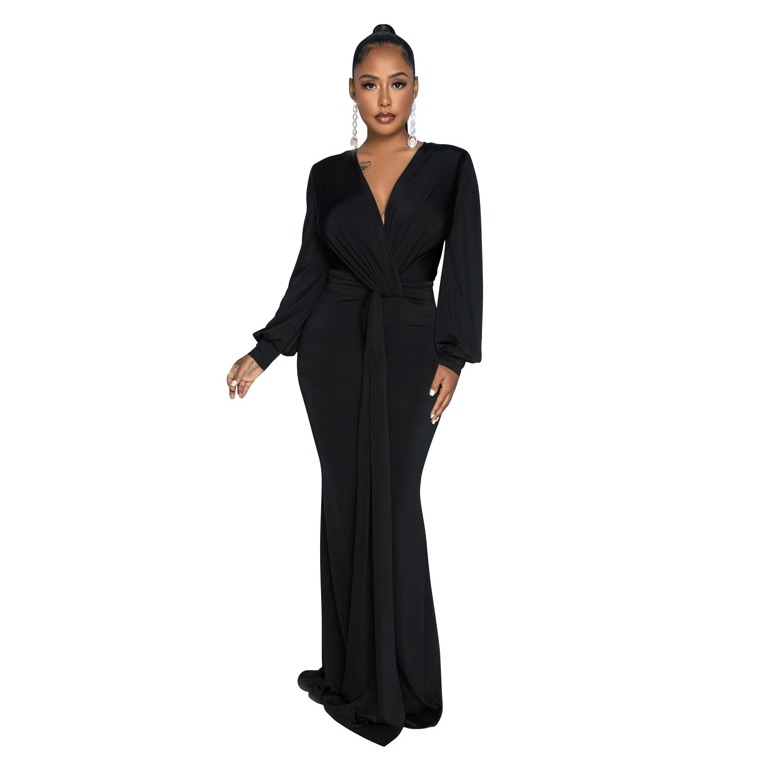 C6796 transfronteriza AliExpress Amazon europeo y americano de las mujeres de color sólido sexy profundo V vestido plisado vestido de las mujeres image 7