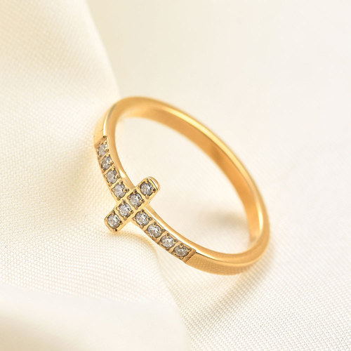  Korean version of ins simple style diamond-encrusted 304 titanium steel cross ring feminine and versatile retro ring for women