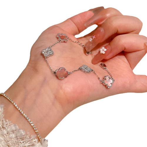Jojo's New Arrival Sweet Little Flower Bracelet with Sparkling Glitter, Korean Style Ins Wind Sweet Pink Four-Leaf Cord