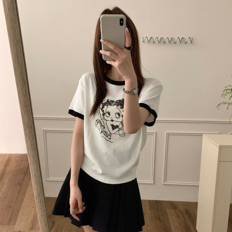 American Retro Color-Blocking Betty Print Short-Sleeve T-Shirt for Women, 26Ss Spring/Summer Casual Slim-Fit Versatile Round-Neck Top