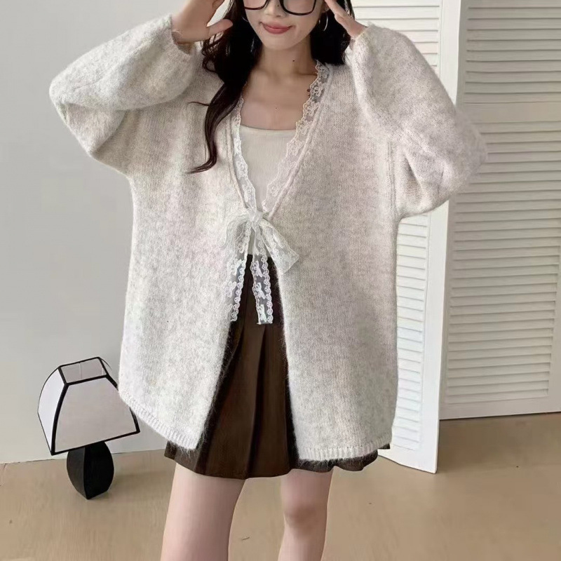 YS蕾丝蝴蝶结拼接宽松长袖毛衣女秋冬新款慵懒风甜美针织衫上衣|undefined