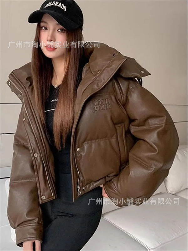 PU皮短款免洗连帽羽绒棉服女2025新款宽松时尚简约美拉德通勤外套|undefined
