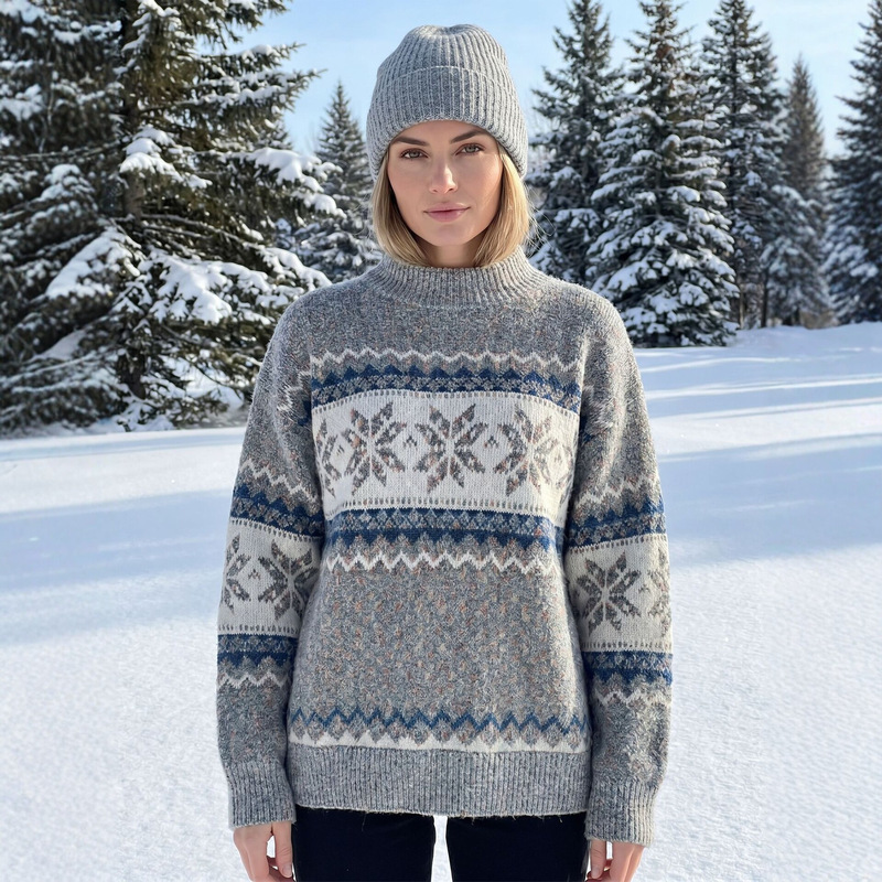 European and American Foreign Trade Christmas Knitwear 2026 Autumn and Winter New Product Amazon Hot-Selling Half-Turtleneck Chenille Snowflake Sweater