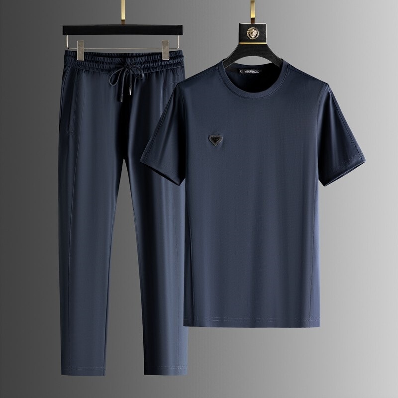 Italian Casual Sports Suit, High-End Ice Silk Fabric, Four-Way Stretch, Silky and Smooth, Men's Short-Sleeved Suit