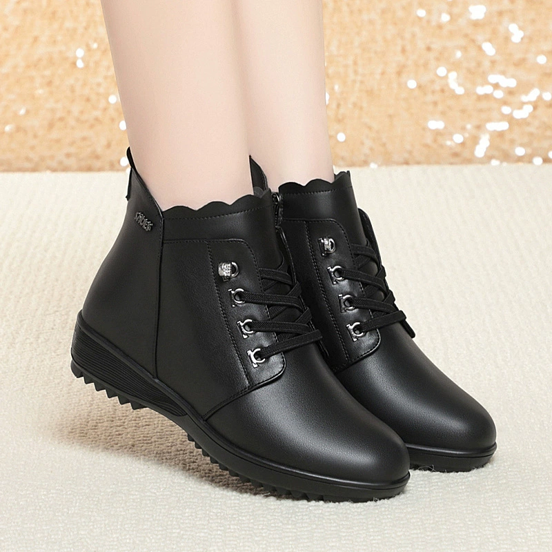 Женские короткие сапоги из мягкой кожи, зимняя Однослойная обувь на плоской подошве из утолщенной шерсти на флисовой подкладке, удобная хлопковая обувь для мам среднего и пожилого возраста