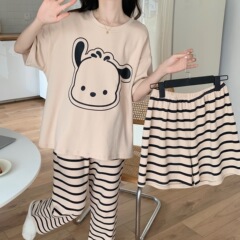 パジャマ女性夏綿質半袖三点セットかわいいアニメ薄手女子学生夏生放送ホームウェア卸売り