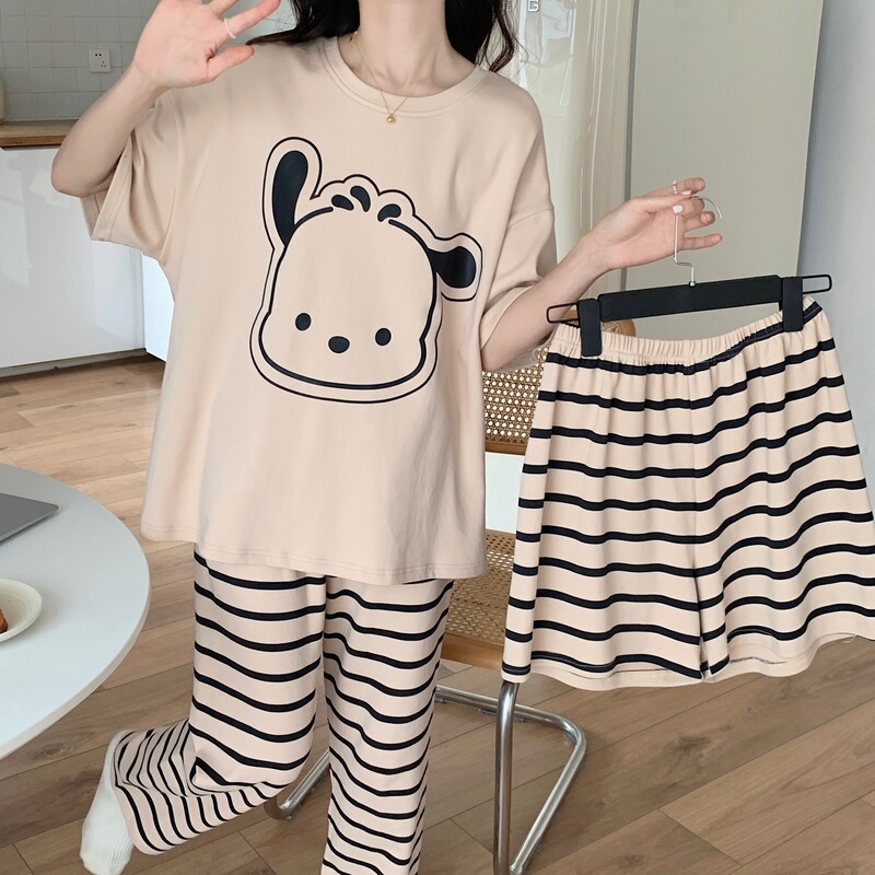 パジャマ女性夏綿質半袖三点セットかわいいアニメ薄手女子学生夏生放送ホームウェア卸売り|undefined