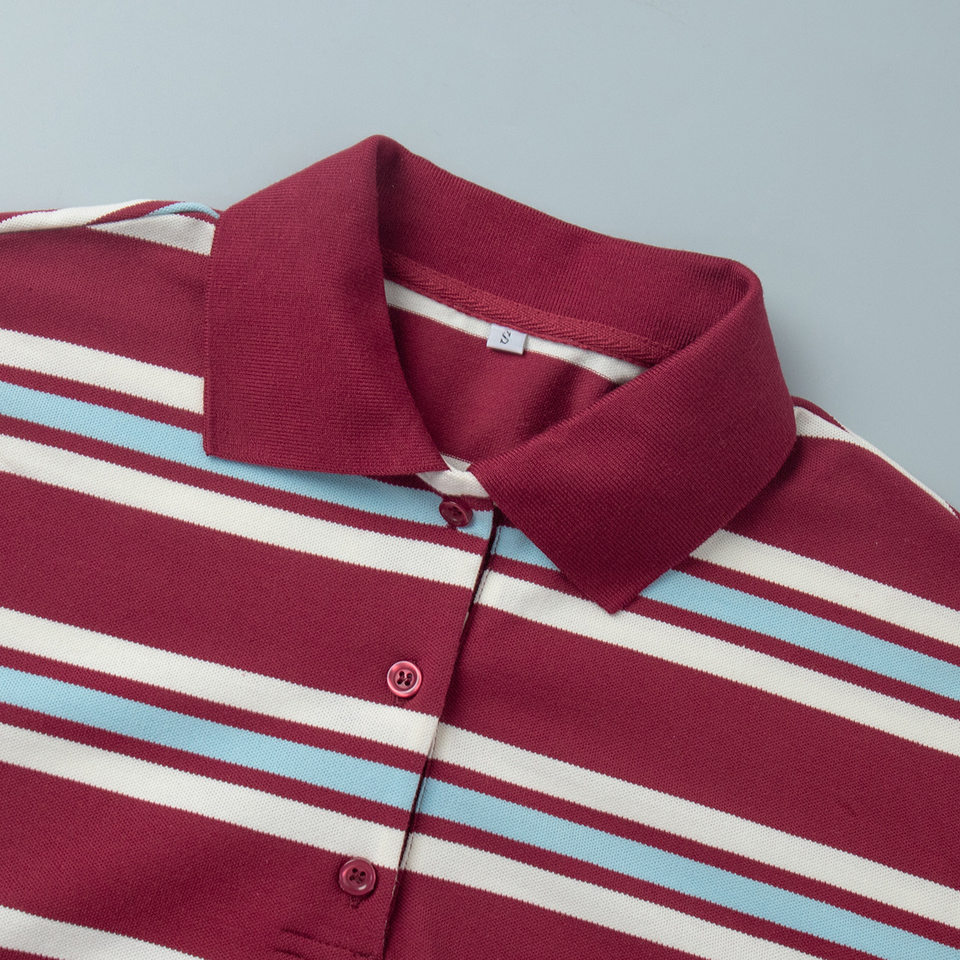 Áo thun nữ sọc dài tay cổ polo dáng rộng phong cách retro — hồng, màu nâu, nâu sẫm, quần kaki chi tiết 15