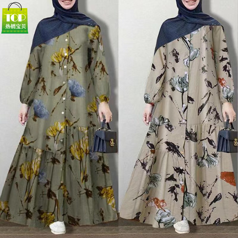 Cross-Border Plus-Size Women's Clothing 2025 Autumn New Printed Long-Sleeve Fashion Loose Casual Floral Long Dress Trendy