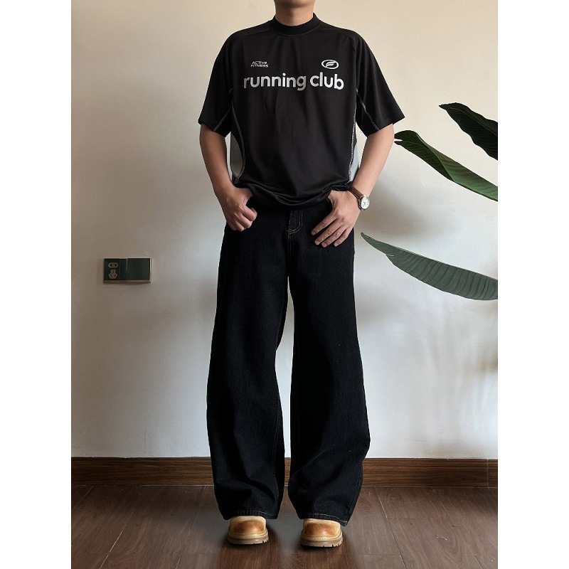 Retro Wide Leg Black Jeans Loose Fit Distressed Style mid Waist Clean Cut 2026 American Basic Washed Straight Pants_mkmklike.com