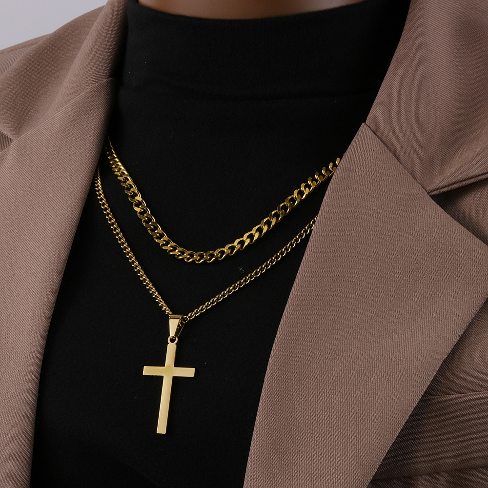 Fashion Vintage Titanium Steel Cross Pendant Necklace Women Double Stainless Steel Cuban Chain Necklace Male