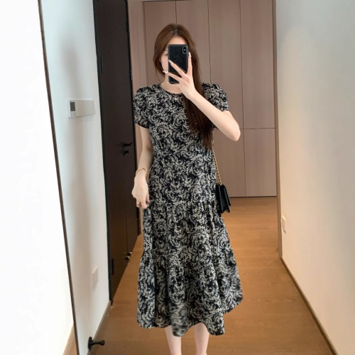 A296281 French elegance chiffon with twist silk elastic lightweight floral waist pleats round neck short sleeve tea party dress