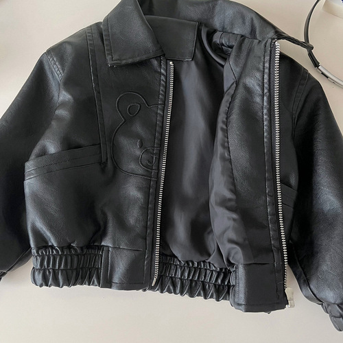 Children's Leather Jacket 2025 Spring Korean Style Casual Small and Medium Children's Flowered Bear Soft PU Jacket Top
