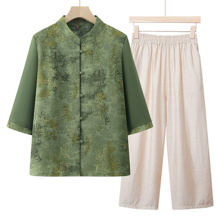 Новый костюм национальный стиль кардиган брюки средний рукав топ широкие брюки с скрещенными пряжками новый китайский стиль рубашка свободная атмосфера
