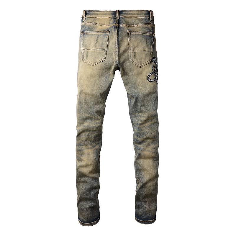 Men's Clothing high street embroidered men's jeans, ripped jeans, nostalgic retro scraped denim pants #6611_voghion.com